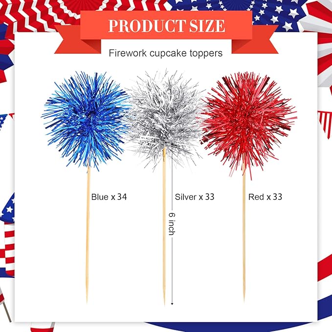 Chinco 100 Pcs Foil Firework Cupcake Toppers Sparkle Tinsel Cake Toppers Cake Decoration Cocktail Fruit Toothpick for Birthday Wedding Graduation Party(Silver, Red, Blue)