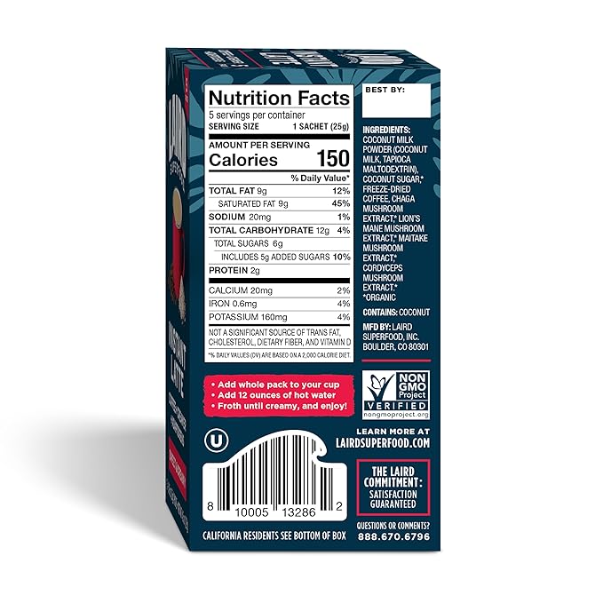 Laird Superfood Sweet and Creamy Instant Latte with Adaptogens, 5 pk Sachets
