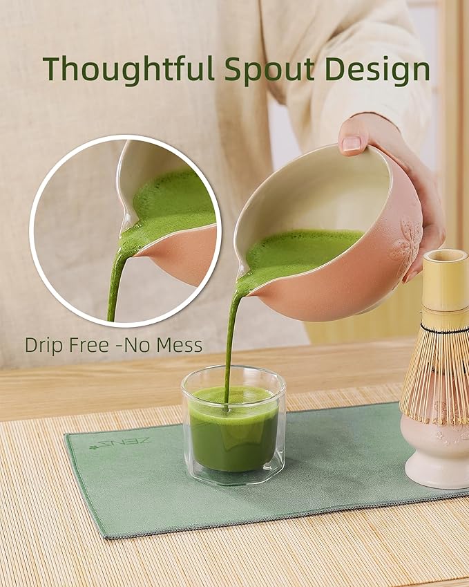 ZENS Matcha Whisk Set, Pink Ceramic Matcha Bowl with Embossed Sakura, 6pcs Matcha Tea Kit Includes Bamboo Whisk, (Chasen Holder) Scoop & Sifter, Tea Towel for Matcha Ceremony, Pink