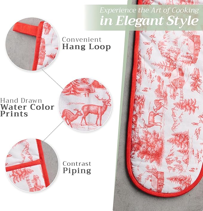 Maison d' Hermine Double Oven Mitts 100% Cotton 7"x35" Double Oven Mitt Heat Resistant BBQ Cooking Gloves with Loop, Baking, Grilling, Home, Kitchen, Handling Hot Pans (Winter Jouy)