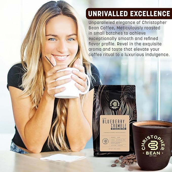 Christopher Bean Coffee - Certified Kosher - Decaf Ground Universal Drip Blueberry Crumble Flavored Coffee| Flavored Coffee with Medium Roast 100% Arabica, No Sugar, No Fats, Non-GMO | 10-Ounce