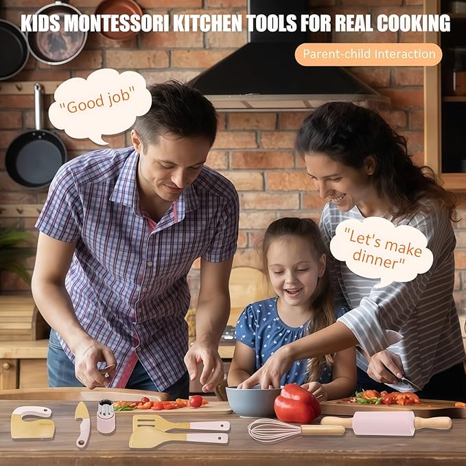 Wooden Cooking & Baking Set for Real Cooking, 32PCS Mini Knife Set Safe Montessori Kitchen Tools, Kitchen Knifes/Cutting Board/Apron with Storage Bag, Baking Utensils Christmas Gift for Little Chef