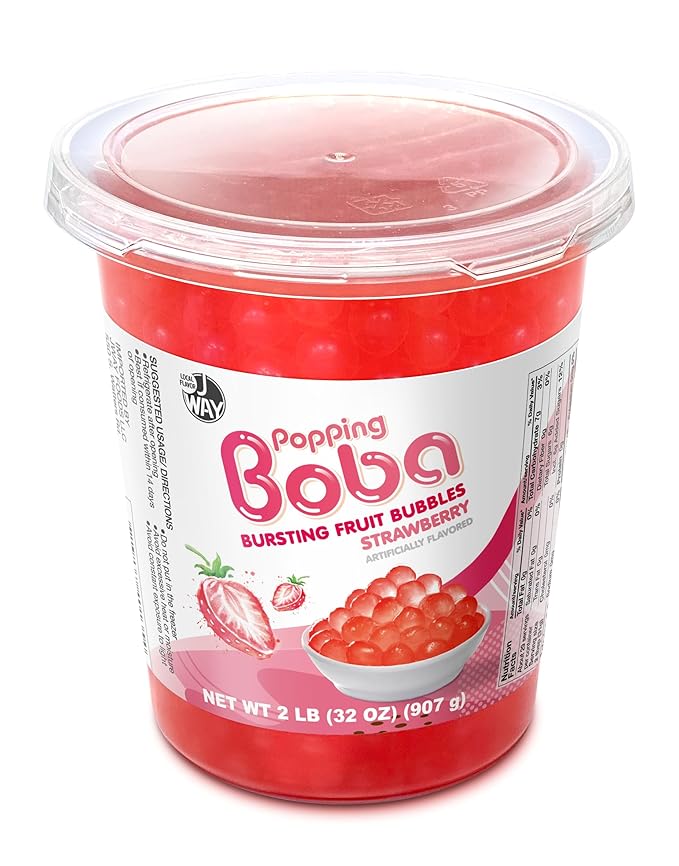 J WAY Bursting Popping Strawberry Boba Pearls, Strawberry Syrup, Non-Dairy, Fat-Free Popping Tapioca Boba for Beverages, Sweets, Ice Cream (2LB, 1 Pack)