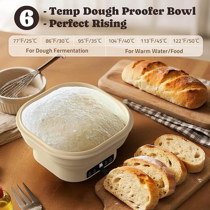 Heating Sourdough Starter Kit, 2L Electric Thermostatic Silicone Square Foldable Banneton Bread Proofing Basket with 6 Timer & Temp Settings for Dough Rising, Dishwasher Safe, Bread Making Kit