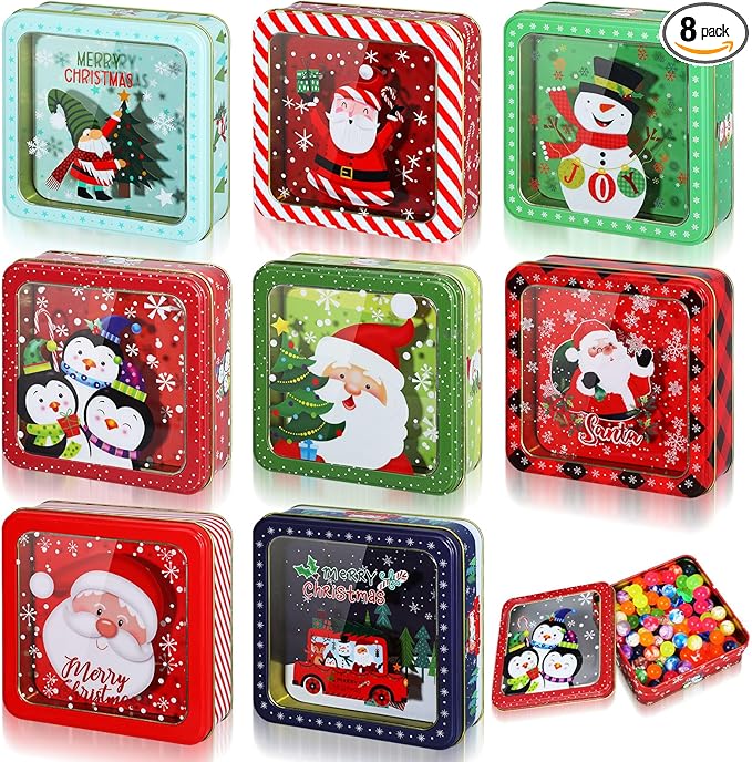 Tioncy 8 Pcs Christmas Cookie Tins with Lids Large Cookie Boxes Metal Empty Tins Santa Tinplate Xmas Gift Box for Christmas Holiday Candies Treats Storage Container (Classic)
