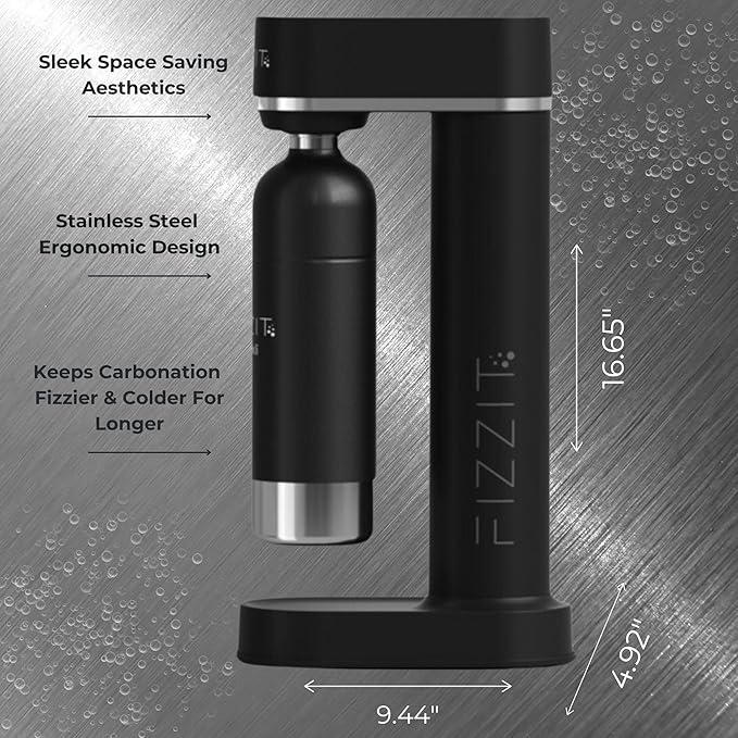 Black Sparkling Soda Water Maker with 2 CO2 Cylinders & 2 Stainless Steel Reusable Bottles, Includes 1 x Black Stainless Reusable Bottle & 1 x White Stainless Reusable Bottle