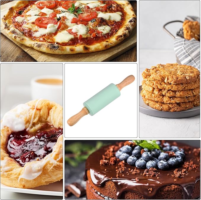 HARFINGTON Silicone Rolling Pins for Baking 9.25 Inch Non-Stick Silicone Surface Wooden Handle Rolling Pin Small Roller Playdough Rolling Pins for Fondant Kitchen Dough Pizza, Green