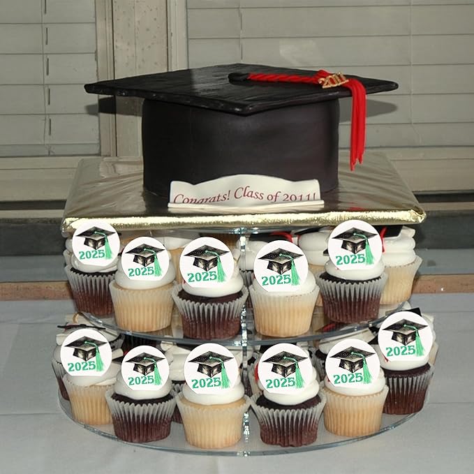 Gyufise 48Pcs Edible 2025 Graduation Theme Cupcake Toppers Wafer Paper Graduation Hat Graduate Cupcake Picks Green