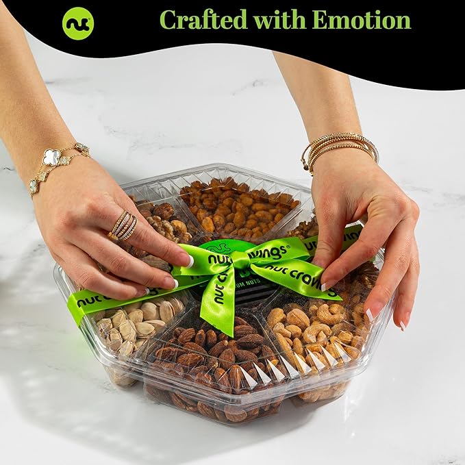 NUT CRAVINGS - Thanksgiving Mixed Nuts Gift Basket + Green Ribbon (7 Assortments, 1 LB) Holiday Xmas Christmas Food Arrangement, Healthy Snack Care Package, Food Assortments