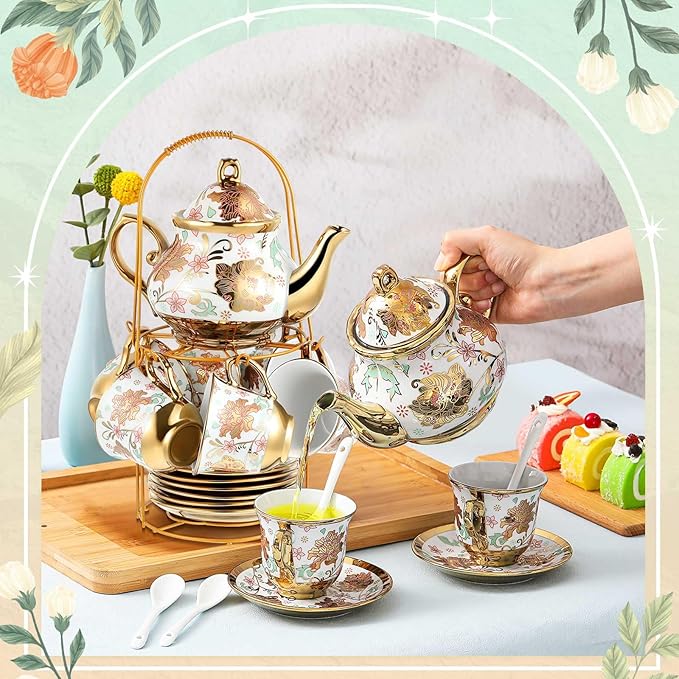 Zhehao 20 Pcs Porcelain Tea Set with Metal Holder and Spoon Adult Ceramic Tea Party Set European Flower Painting Teapot Cup Saucer Spoon Set for Women, Large Version(Elegant Style)
