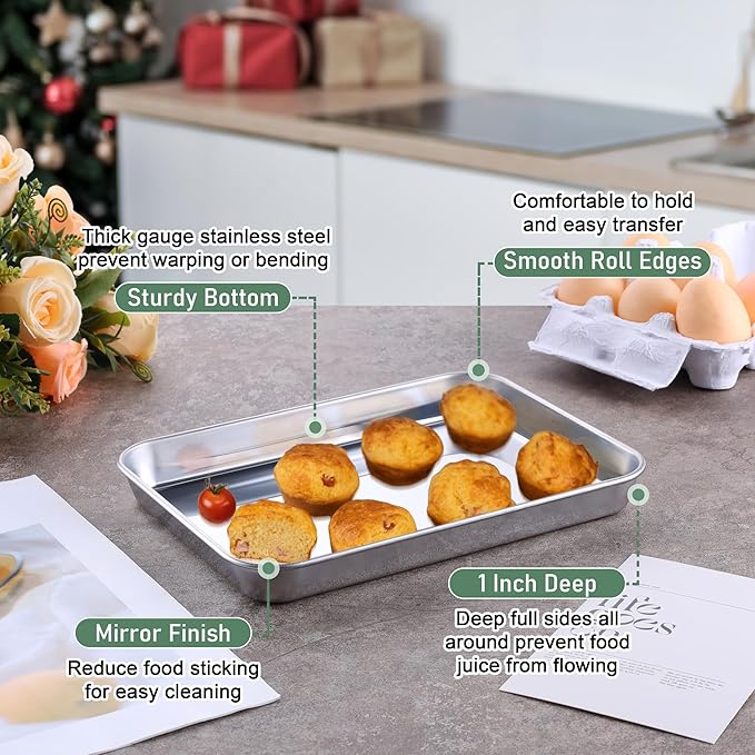 Toaster Oven Pan with Rack Set (2 Small Baking Sheets+2 Grill Racks), 9 x 7 Inch Stainless Steel Small Cookie Sheets Bacon Tray with Grid Cooling Racks for Baking Roasting Grilling, Dishwasher Safe