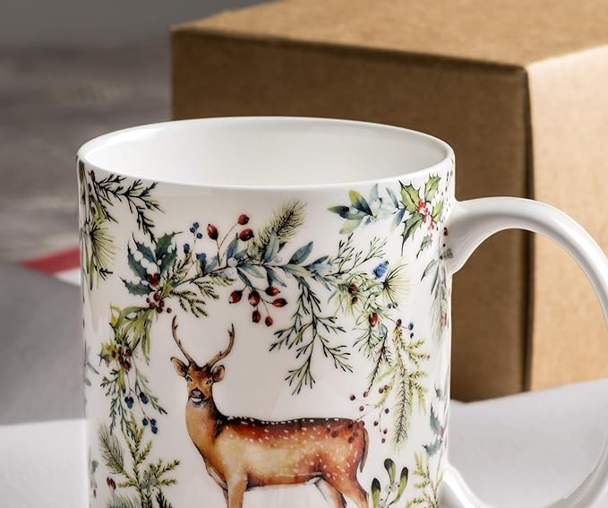 Maison d' Hermine Coffee Mug with Handles Fine Bone China Mugs Pack of One Tea Cups for Hot Beverages Cappuccino Latte Home Restaurant Office Perfect for Gift (Holly Time - Biche, 15 Ounce)