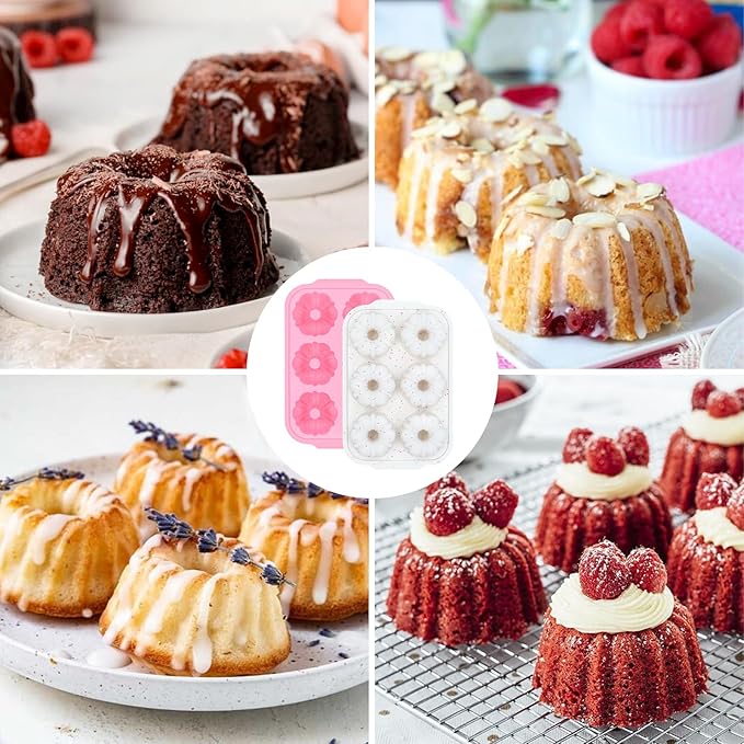 Mini Bundt Cake Pans for Baking, 2Pcs Silicone 6-Cavity Fluted Tube Cake Pan with Metal Reinforced Frame, Nonstick Baking Molds for Cupcake, Brownie, Donuts, Cornbread, Jello