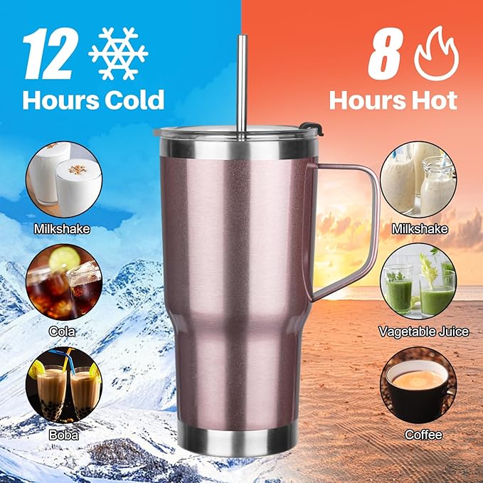 20 oz Tumbler with Handle, Stainless Steel Insulated Tumbler with Lid and Straw, Double Wall Vacuum Coffee Mug Tumbler, Insulated Coffee Thermal Cup for Cold and Hot (Rose gold)