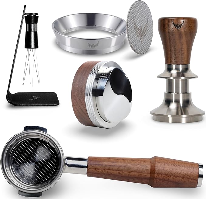 58mm Tamper Kit for E61 Group Head 6pcs Walnut Auto Tamper, Bottomless Portafilter 58mm, Magnetic Espresso Funnel, Distribution Tool, and WDT Needle Distributor