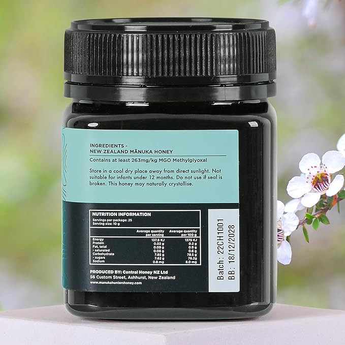 Manuka Hunters UMF 10+/MGO 263+ Certified New Zealand Manuka Honey - 100% Pure Natural Sweetener - Gluten, Dairy Free - Ideal for Tea, Coffee, Smoothies, and Baking - Sustainable - 8.8oz/250g Jar