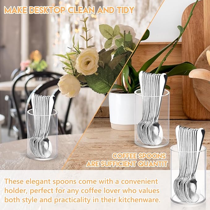 12 Pcs Mini Coffee Spoons with Holder 4.7 inch Demitasse Espresso Stainless Steel Spoons Tea Spoons set of 6 with Acrylic Cylinder Holder Small Coffee Spoons Silver for Coffee Bar Tea Party Home
