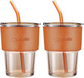 Iced Coffee Cup, 15Oz/450ml Glass Cups With Lids And Straws, Iced Coffee Glasses Tumbler, Thick Wall Glass Mug For Tea Water With 2 Straw And Leather Sleeve, Xmas Gifts (Amber 2PCS)