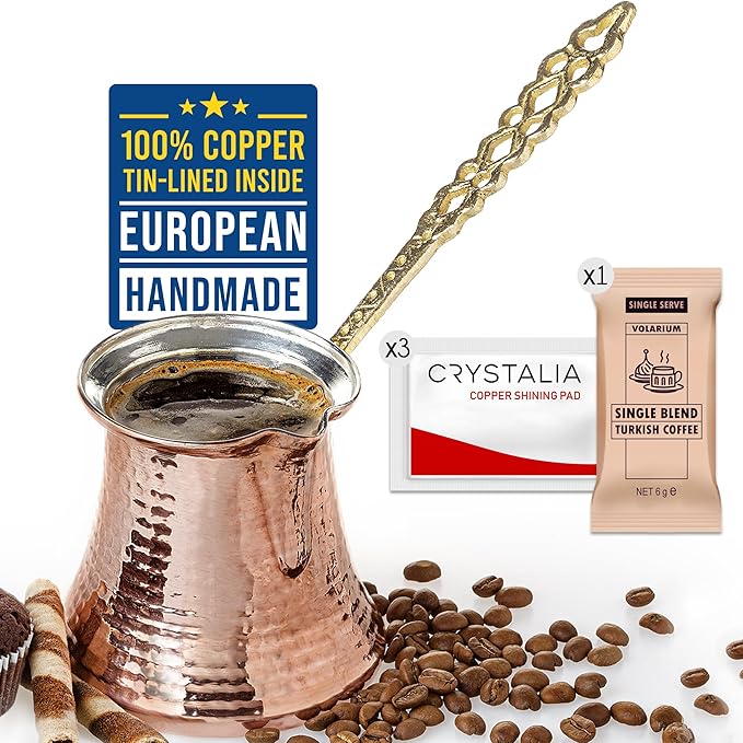 Volarium Turkish Coffee Pot, Greek Arabic Coffee Maker, Hammered Copper Coffee Cezve, Stove Top Coffee Maker (Large)