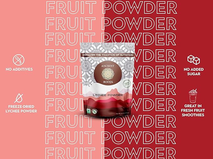 Ancient Roots Freeze-Dried Lychee Fruit Powder – 100% Organic, All-Natural Food Coloring, Rich in Antioxidants, No Added Sugar or Preservatives, 25 Servings (3.5 oz)