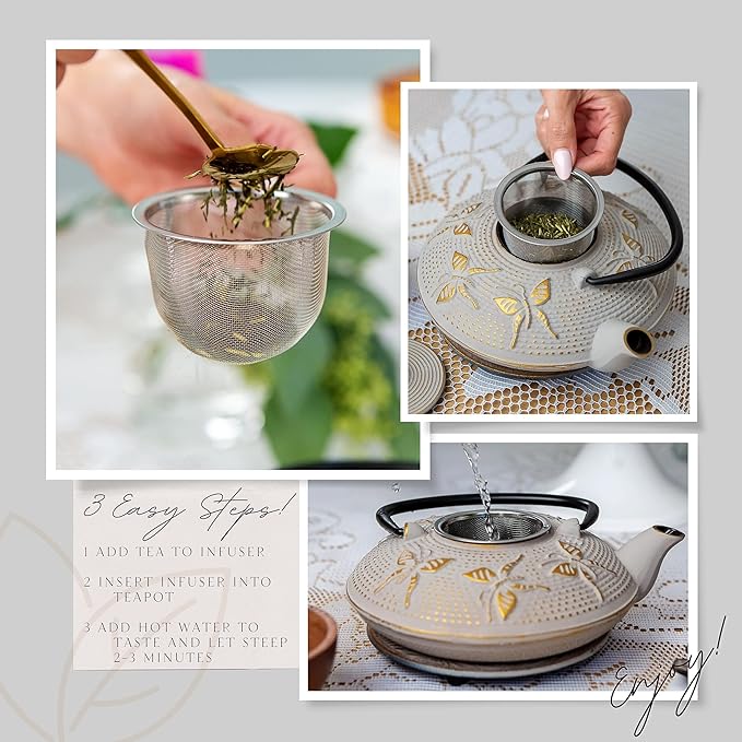 7PC Japanese Tea Set. "Sand Color" Cast Iron Tea Pot with 2 Tea Cups, 2 Saucers, Tea Infuser and Teapot Trivet. Ceremonial Matcha Accessories