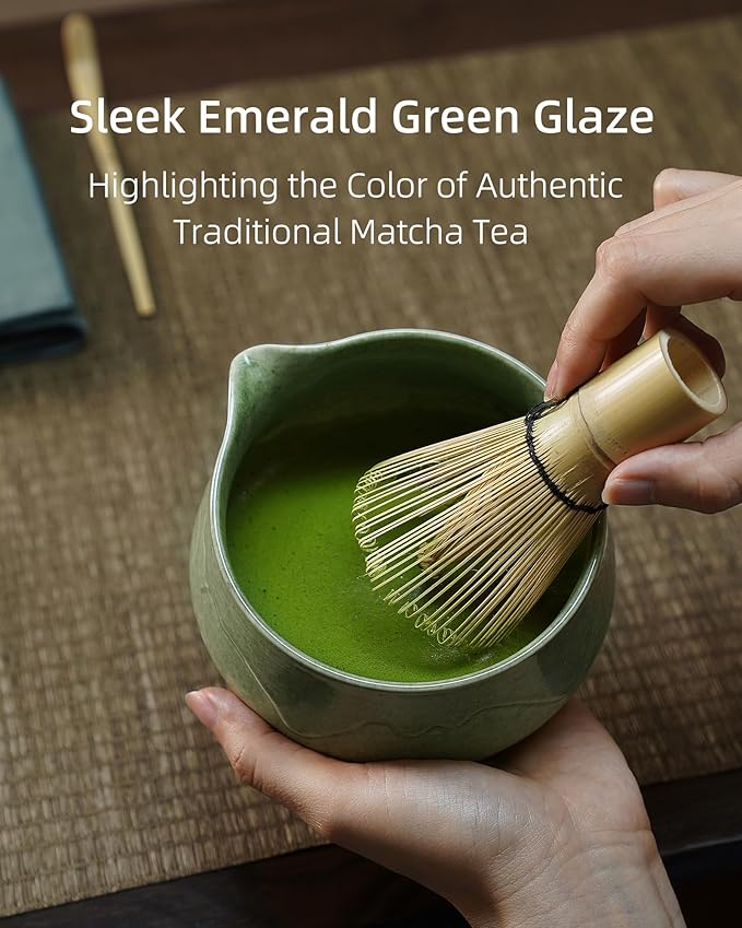 ZENS Matcha Whisk Set, 15oz Ceramic Matcha Set Includes Matcha Bowl, Bamboo Whisk & Chasen Holder, Sifter, Scoop & Tea Towel, 6pcs Matcha Kit for Matcha Latte, Emerald Green