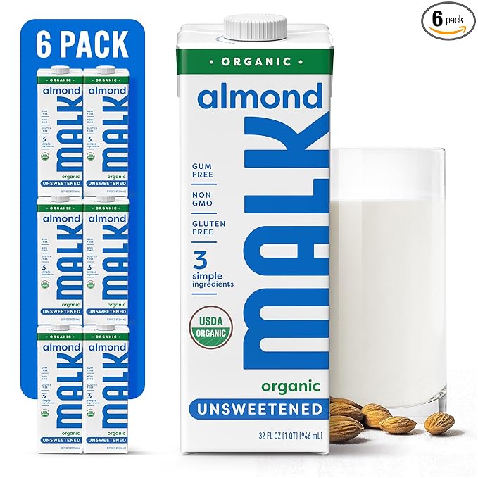 MALK Almond Milk Unsweetened (32oz, Pack of 6) - Shelf Stable Organic Almond Milk, Non GMO, Whole 30, Dairy Free, Vegan, Plant Based, No Gums or Fillers - Malk for Smoothies, Cereal, Coffee,Creamer