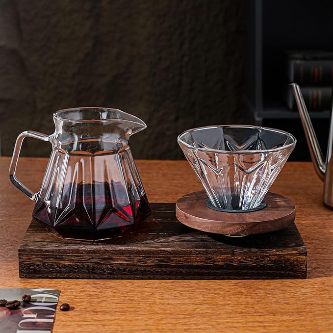 Pour Over Coffee Maker Set, 21 oz/620ml Glass Pour Over Coffee Dripper Filter Coffee Maker Kit Manual Grinder with Walnut Handle for Home Office Cafe Restaurant Camping (Clear)