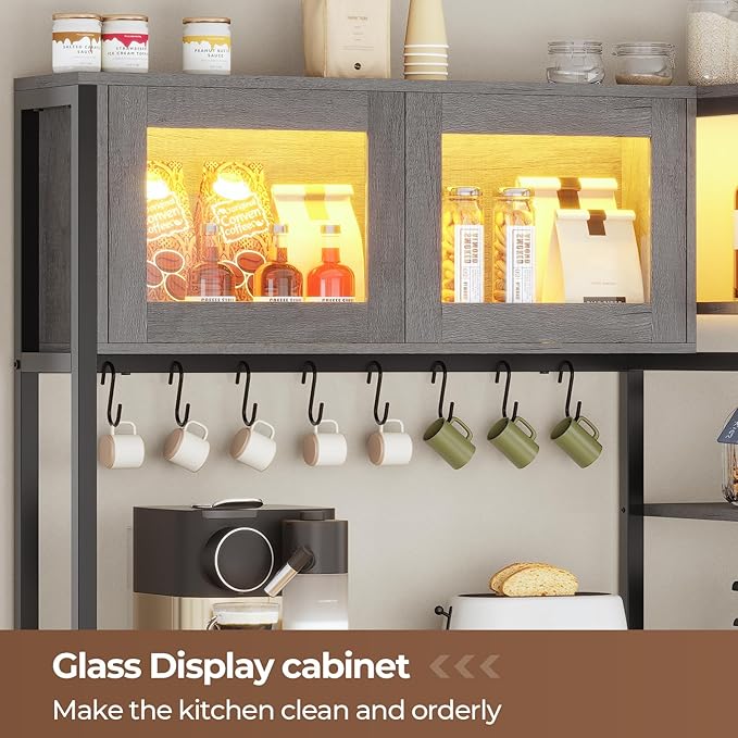 Itaar Bakers Rack with Power Outlet and LED Light, 45.3 Inch Farmhouse Coffee Bar Cabinet, Kitchen Microwave Stand with Storage, Glass Cabinet, Goblet Holder and 8 Hooks (Grey)