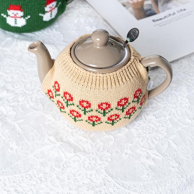 Tea Cozy Suitable for a 600ml,20oz Tea Pot,Teapot Warmer -100% Acrylic Fibers Filling,Two Piece (Toffee Flower)