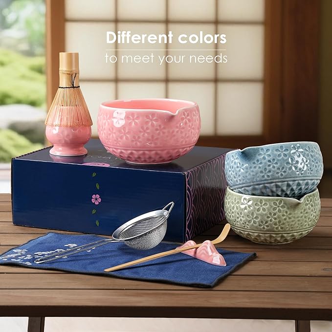 7Pcs Matcha Whisk Set, Ceramic Matcha Bowl with Spout,Bamboo Whisk and Holder, Bamboo Scoop,Scoop Rest,Sifter and Tea Towel,Matcha Kit w/Cherry Blossom Carved Pattern (Mottled Green)