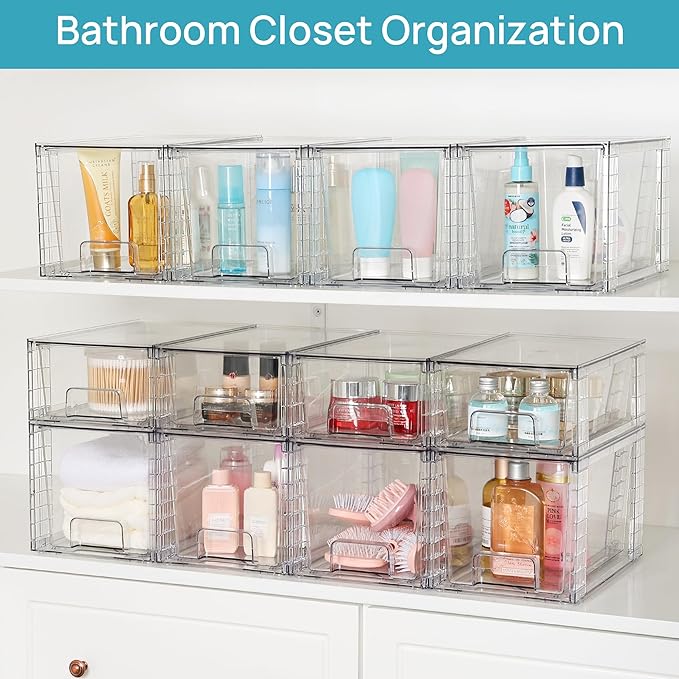 Vtopmart 4 Pack Large Stackable Storage Drawers,Easily Assemble Acrylic Bathroom Closet Undersink Organizers and Storage,Plastic Bins for Kitchen Cabinets,Pantry,Makeup,Medicine Organization