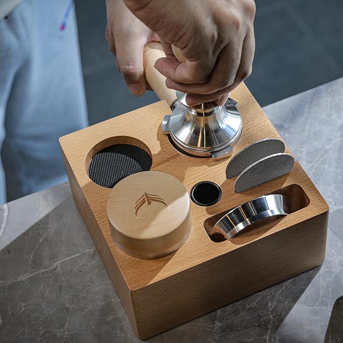 58mm Espresso Bar Accessories Kit – Maple Handle Calibrated Tamper, Espresso Leveler, Beech Wood Tamping Station, and Dosing Funnel with Puck Screen