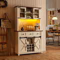 AMERLIFE 72" Coffee Wine Bar Cabinet with Sliding Barn Door, Farmhouse Kitchen Sideboard, Buffet Storage Table, 3 Drawers, LED Lights, Tall Hutch Home Bar for Dining Room, White