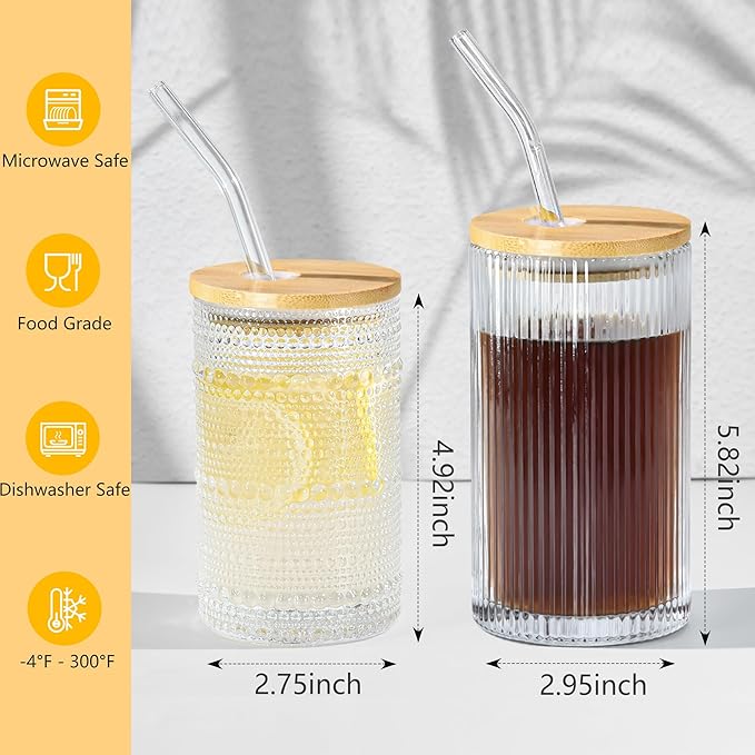 14 oz Drinking Glasses Set of 4 with Bamboo Lids Straws Striped Ribbed Glassware Set Vintage Glass Cups Embossed Iced Coffee Cup for Beer Cocktail Beverage(Ribbed)