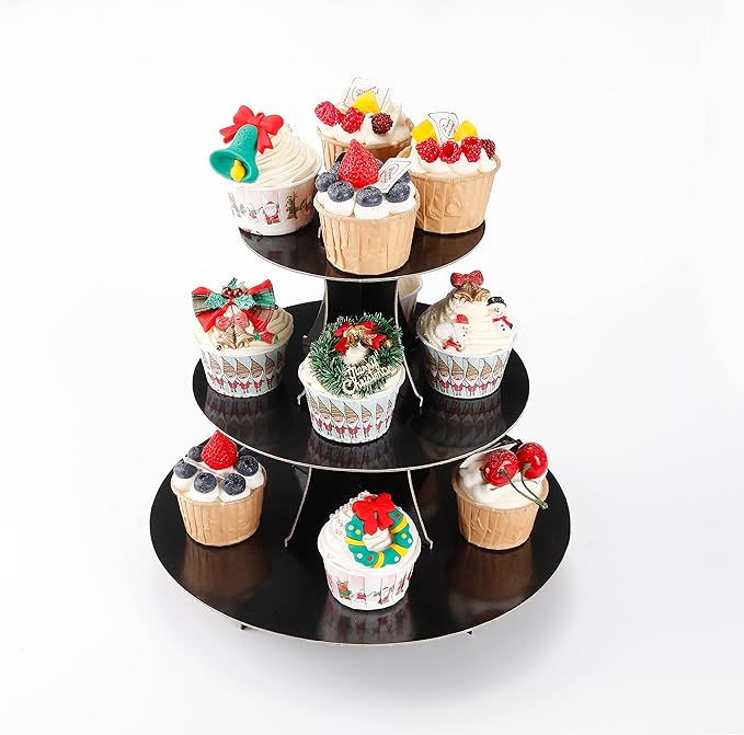 2Pcs 3-Tier Cupcake Stand, Cake Stand holder, Tiered DIY Cupcake Stand Tower for Dessert Table Displays, Birthday Theme Party Favors Decoration, Floral Tea Party, 12" W x 12.8" H, Black