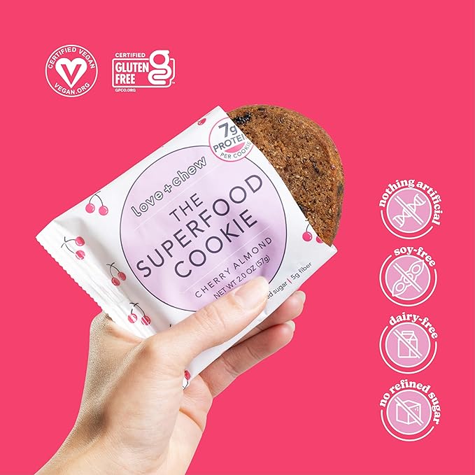 Love + Chew Superfood Soft Baked Cookies, Cherry Almond Flavor, Plant Based Cookie Made With Chia Seeds, Almonds & Cherries for Kids and Adults, Vegan Snacks, Gluten Free, Paleo, Non GMO, 60 Pack
