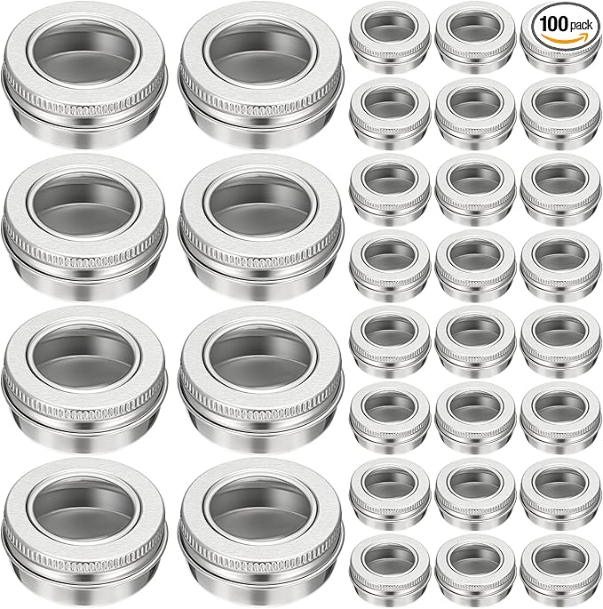 100 Pcs 0.5 Ounce Aluminum Tin Jar 15 ml Refillable Containers Clear Top Screw Lid Round Tin Container Bottle for Cosmetic, Cream, Diamond Painting, Salves, Balms, Lip Balm, Spices or Others, Silver