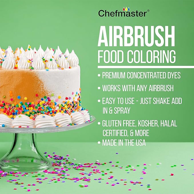 Chefmaster - Airbrush Food Coloring - 8 Color Pack - Vibrant and Fade-Resistant Sheen - Works With Any Airbrush Tool to Achieve Amazing Effects and Designs - Made in the USA