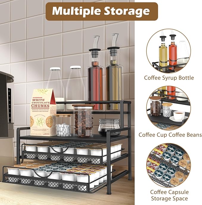 Coffee Bar Organizer, Coffee Pod Organizer,3 Tier Coffee Syrup Rack Organizer,72 K Cup Storage for Counter Storing K Cup,Coffee Syrups, Coffee Makers and Other Coffee Supplies-Black
