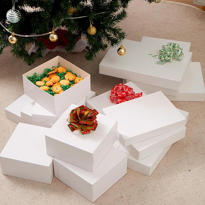JOYIN 12PCS Christmas White Gift Boxes with Lids for Presents, 4" Deep Large Shirt Robe Wrapping Box, 4 Different Sizes Holiday Festive Lingerie Cupcake DIY Kraft Cardboard Boxes