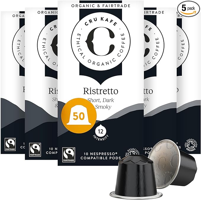 Cru Kafe Ristretto USDA Organic Espresso Coffee Capsules (50 Pods) Fairtrade Coffee Pods Compatible with Nespresso Original Line and Pixie Machines