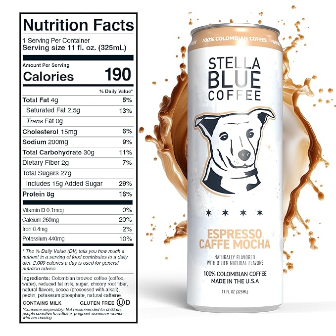 Stella Blue Espresso Caffe Mocha, 100% Colombian Coffee, 190mg Natural Caffeine, Good Source of Protein, Ready-to-Drink Coffee Energy Beverage, 11oz Can, 12 Pack