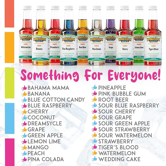 Hawaiian Shaved Ice Syrup Gallon 4-pack, Cherry, Grape, Blue Raspberry & Tiger’s Blood, for Slushies, Italian Soda, Seltzers, Popsicles, & More, No Refrigeration Needed, Allergy-friendly