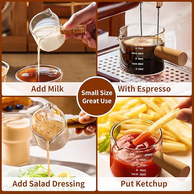 YARRAMATE 3.4oz Espresso Shots Cup with Wood Handle, Clear Glass Espresso Measuring Cup with Dual Scale, Shot Glass with Single Spout