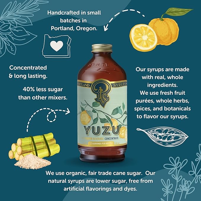 Portland Syrups Yuzu Syrup - Premium Beverage Concentrate for Delicious Cocktails, Mocktails, Tea, Soda, Coffee Drinks, Baking, and More - 12 oz with 12 Servings (Pack of 1)