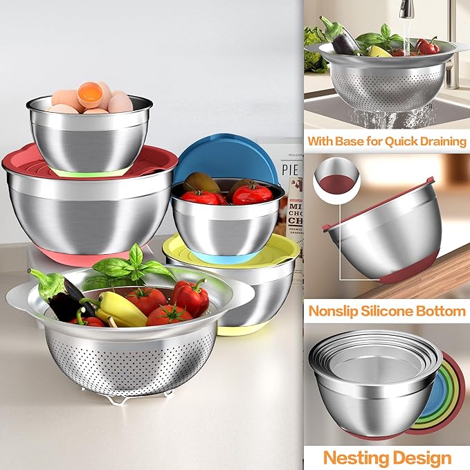 Mixing Bowls with Airtight Lids Set, 4 Stainless Steel Bowls Nesting Bowls & Colander, Kitchen Organizers and Storage Non-Slip Bottom, Size 1.5/2.0/2.5/4.5QT, Great for Mixing & Serving, Multicolor