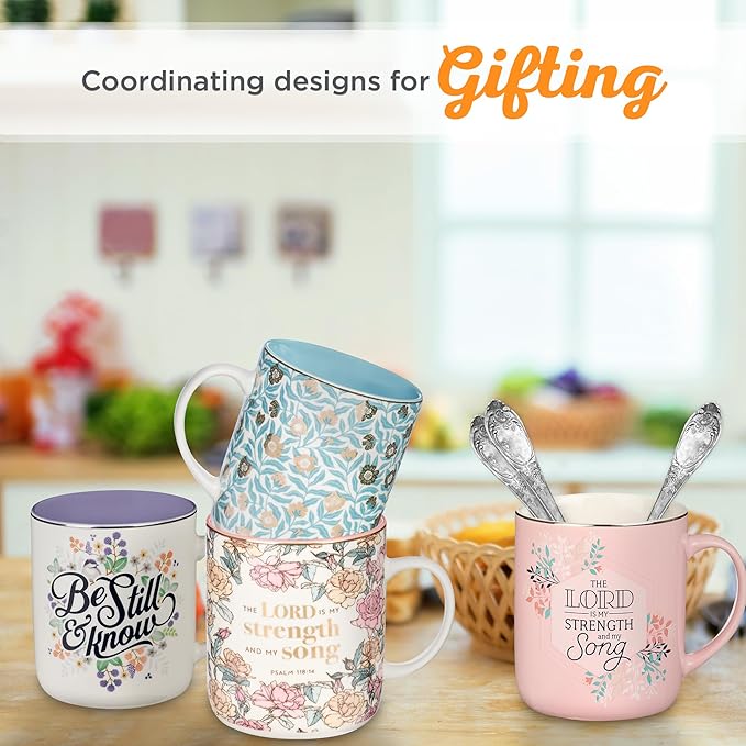 Christian Art Gifts Large, 14 oz Ceramic Scripture Coffee & Tea Mug for Women: The Lord is My Strength - Psalm 118:14 Inspirational Bible Verse, Lead-free Drinkware w/Silver Rim, Pink Floral