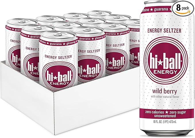 Hiball Clean Energy Drink - Wild Berry - Zero Sugar, Zero Calorie Sparkling Water with 160mg Organic Caffeine, 50mg Organic Ginseng, 50mg Organic Guarana and B Vitamins - 16 fl oz (8-Pack)