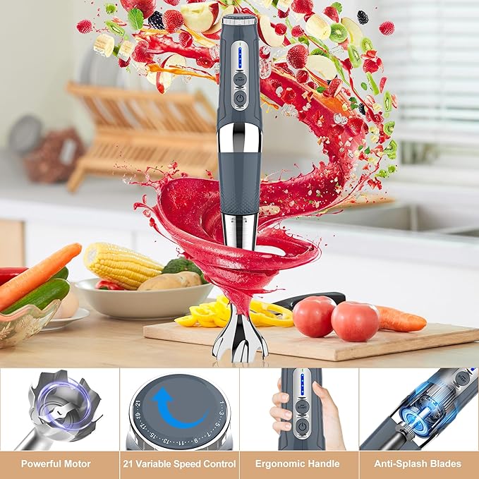 Cordless Immersion Blender Handheld: Powerful Rechargeable Electric Hand Blender, 21-Speed & 3-Angle Adjustable with Stainless Steel Blades for Milkshakes, Smoothies, Soup, Puree, Baby Food (Grey)